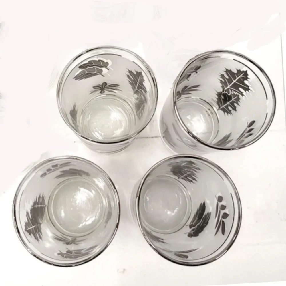 4 Vintage Libbey Metalli Silver Oak Leaves Frosted Collins Glasses 7
